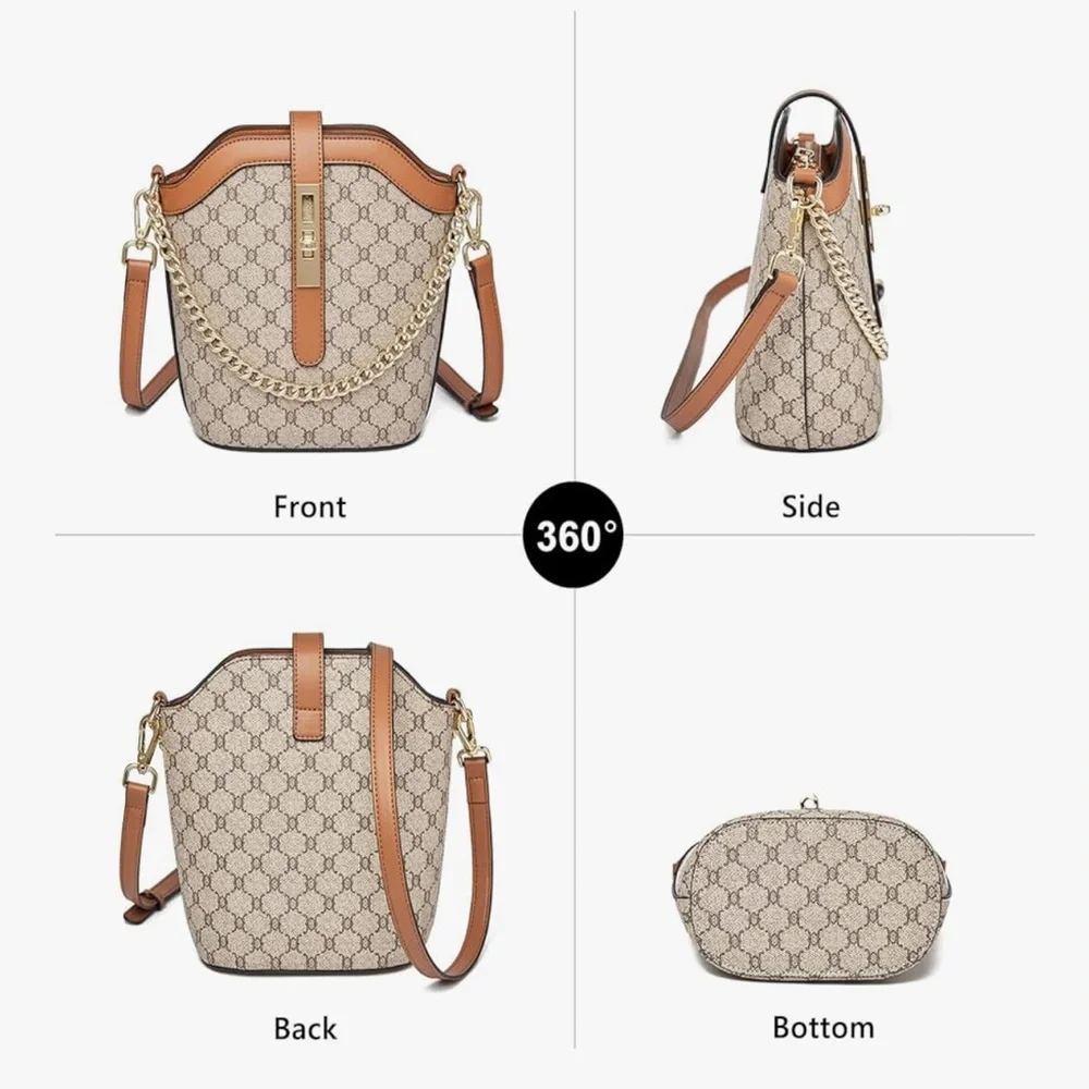 🆕 Designer-Inspired Monogram Bucket Bag in Beige and Tan - Picture 4 of 6
